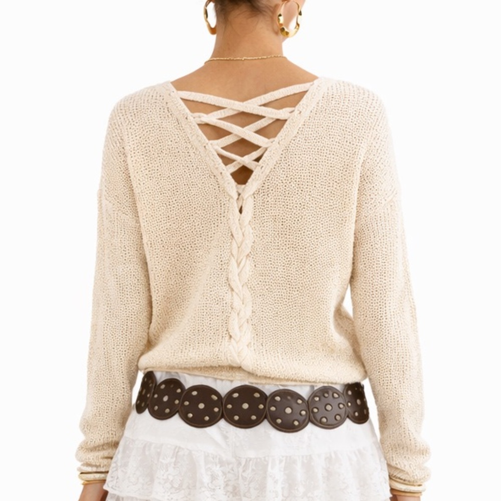 Sweet Wanderer Knit Lace-Up Back Sweater Boho V-Neck Pullover M Festival Spring